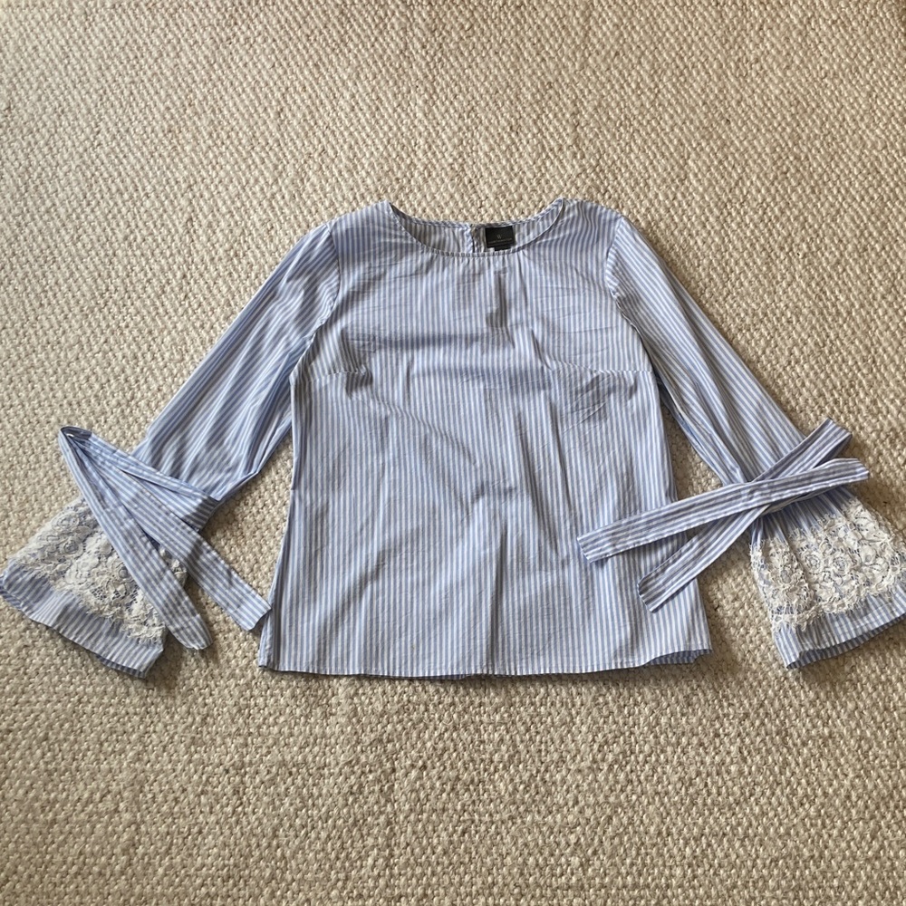 Worthington Light Blue and White Striped Bell Sleeve Blouse with Lace Cuffs